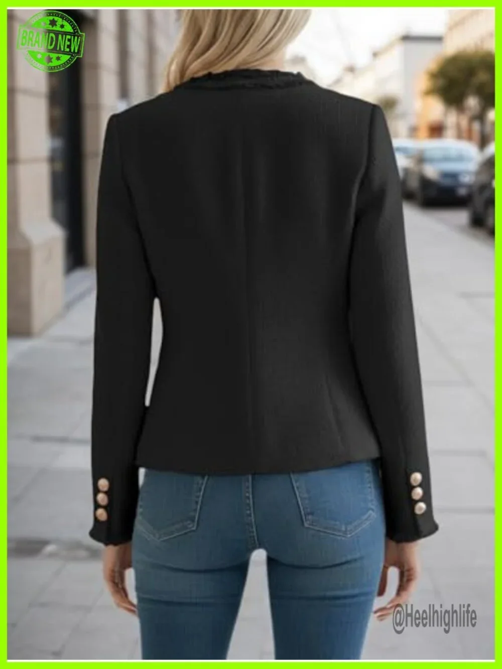 Tweed Blazer Jacket Crewneck Open Front Office Coat Pockets